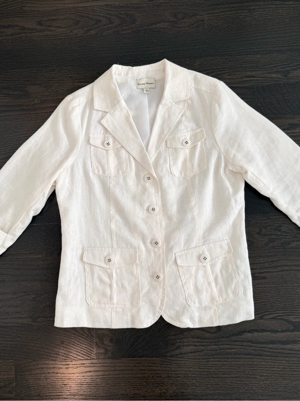Studio Works Women's White Linen Button-Front Blazer 3/4 sleeve